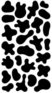 Black abstract shapes of varying sizes and organic forms arranged against a white background, creating a visually dynamic design