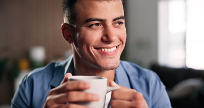 Man, smile and thinking in house with coffee, calm morning routine and contemplation for weekend break. Happy, person and smell tea in home with reflection, peace and remember memory for nostalgia.