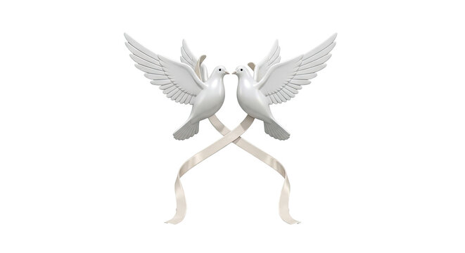 Two white doves kissing, intertwined with ribbon