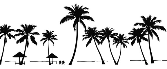 Fototapeta premium Tropical beach scene with palm trees, hut and chairs silhouette isolated on transparent background, vector illustration for summer vacation and island design.
