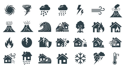 Obraz premium Collection of Weather and Disaster Icons - Storms, Volcanoes, Fire, Earthquakes, and Natural Calamities