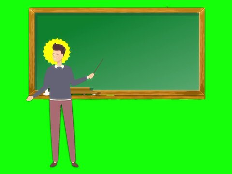 Cartoon man with pointer stick standing in front of a green chalkboard, ready to teach or present.