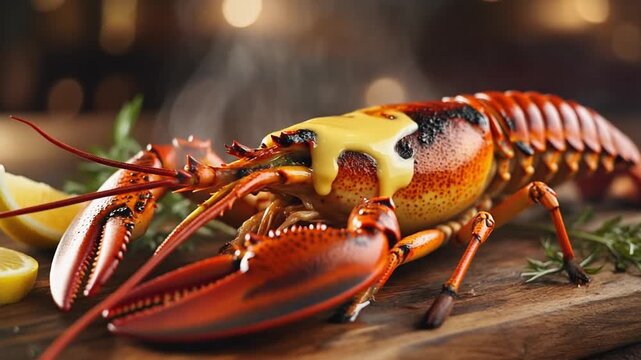 Fresh red lobster and crayfish with claws on a wooden board ready for a seafood meal