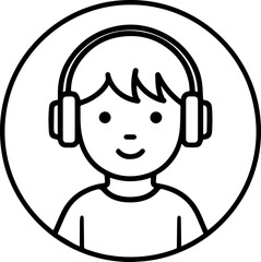 Obraz premium Hand Drawn Boy Wearing Headphones Black and White Avatar Illustration in Minimal Line Art Style Design