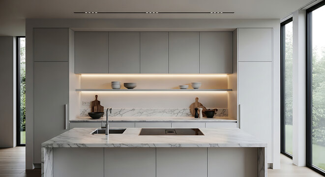 A contemporary kitchen interior design features clean lines and a marble island set against a solid bright window backdrop.