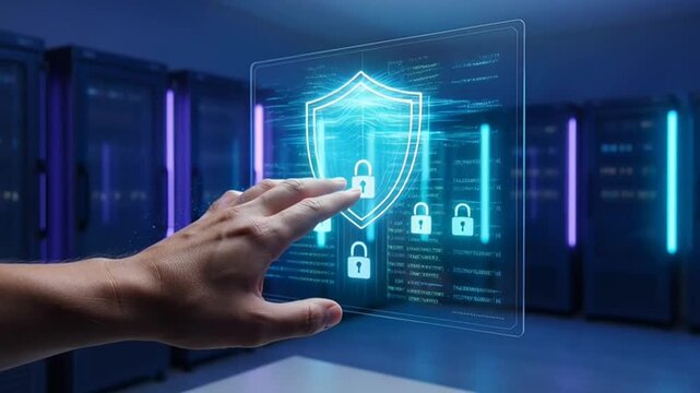 Human hand interacts with a cutting-edge holographic interface, displaying cybersecurity shield and lock icons, symbolizing advanced data protection within a secure server room infrastructure
