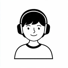 Obraz premium Hand Drawn Boy Wearing Headphones Black and White Avatar Illustration in Minimal Line Art Style Design