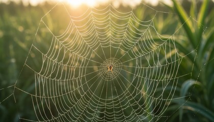 Fototapeta premium Intricate Spider Web With Dew Drops At Sunrise In Green Field Background