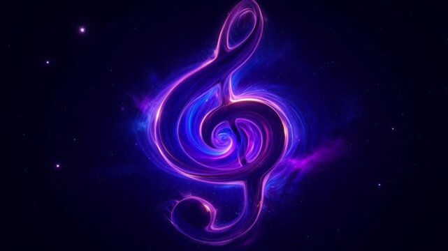 Vibrant glowing treble clef symbol with swirling purple and blue energy against a dark cosmic background, representing music and artistic expression.