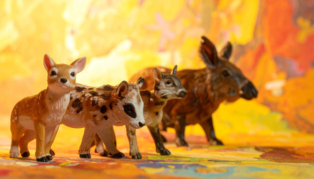 Miniature woodland animals standing in warm sunlight against abstract backdrop