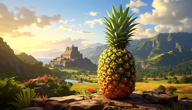 Vibrant pineapple on stone with distant mountains and ancient architecture