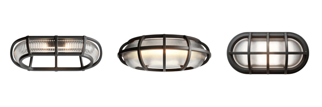 Three metal cage light fixtures on transparent background