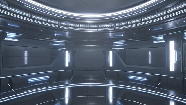 Futuristic circular room with sleek metallic walls and bright blue-white lighting, suggesting a high-tech control center or spaceship interior.