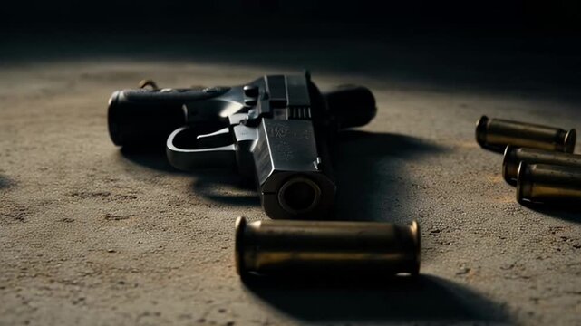 Dramatic close-up of a dark pistol and spent bullet casings resting on a textured, shadowed surface, evoking a tense crime scene or dangerous situation with an ominous atmosphere