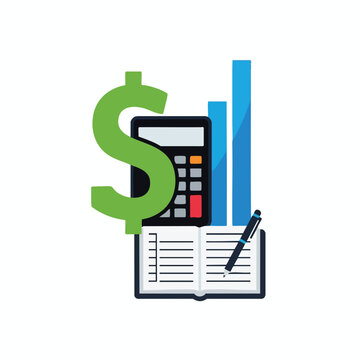 Graphic showing a calculator, notepad, pen, bar graph, and dollar sign