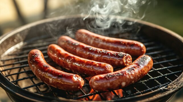 chipolata. Glossy sausages on a charcoal grill with rising smoke in warm light. menu design, packaging mockups, designed for food delivery and cloud-kitchen brand materials.