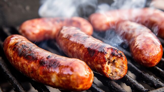 chipolata. Glossy sausages on a charcoal grill with rising smoke in warm light. menu design, packaging mockups, designed for food delivery and cloud-kitchen brand materials.