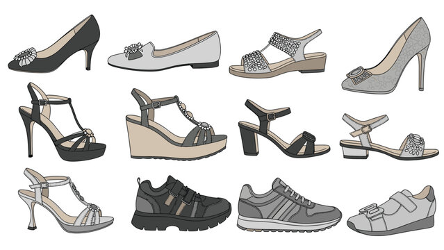 Collection of various women footwear including high heels, sandals, wedges, sporty sneakers, and casual loafers.