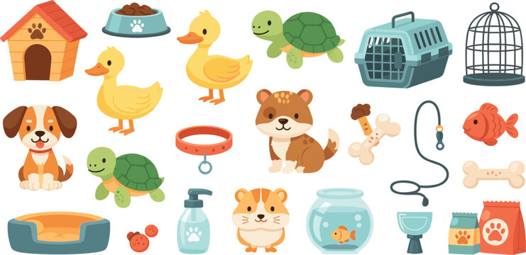 Pet Care Cartoon Vector Set with Dog, Cat, Turtle, Duck, Fish and Accessories Including Food Bowl, Carrier, Collar and Grooming Supplies
