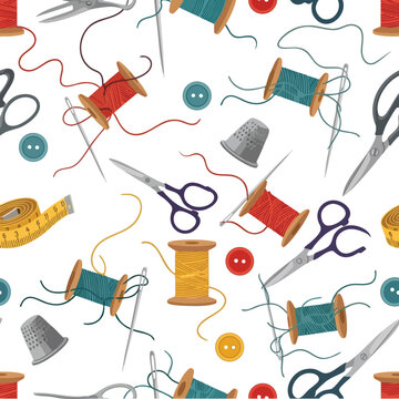 Seamless pattern of sewing tools spools, needles, scissors, buttons, and thimbles
