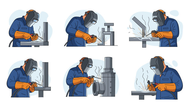 Series of professional welders in protective gear working on various industrial metal structures with sparks flying.