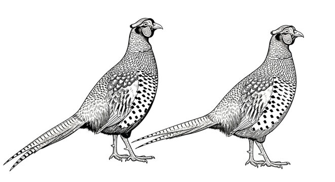Two Detailed Engraved Pheasants in Profile