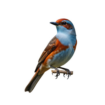 A small bird with brown and blue feathers perched on a branch.