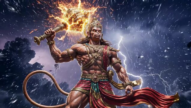 Lord Hanuman holding glowing golden mace in stormy lightning sky