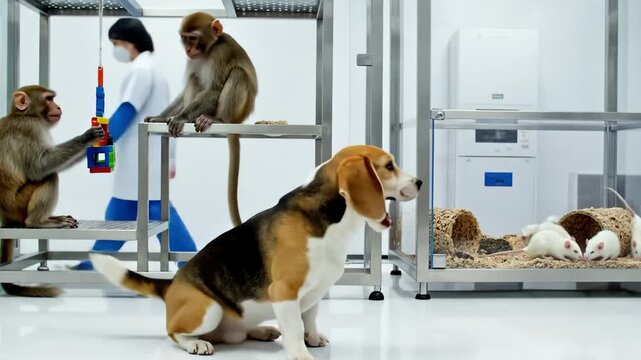 Beagle Dog and Monkeys in a Laboratory Setting, Scientific Research Environment