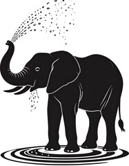 Obraz premium Black silhouette of an elephant spraying water from its trunk. Circular ripples appear below its feet. The background is white