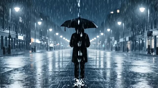 Lone Figure With Umbrella Standing on Wet City Street at Night in Heavy Rain