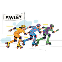 Fototapeta premium Three diverse athletes in colorful racing suits speed on roller skates towards the finish line