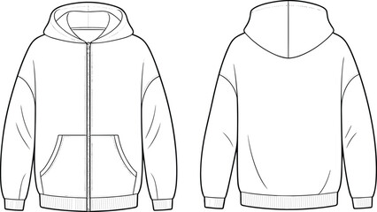 Full Zip Hoodie Technical Flat Sketch Vector Template with Kangaroo Pockets and Drop Shoulder for Fashion Design CAD Tech Pack Mockup © Kamrul
