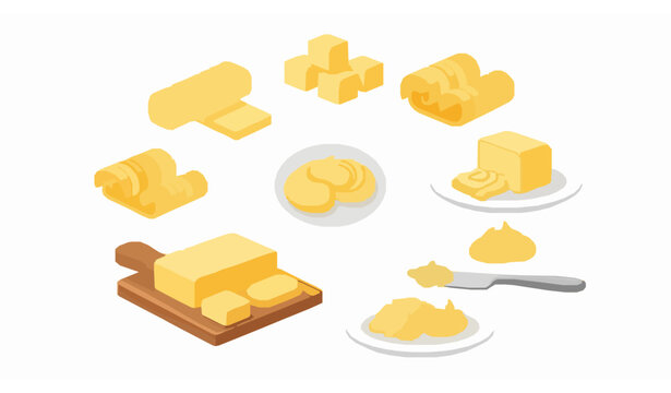 Butter and margarine spreads collection with butter cubes slices and curls on plate and cutting board vector