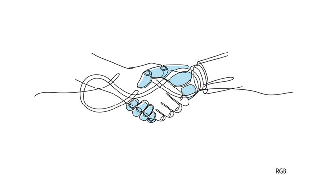 A continuous black line art drawing shows a human hand shaking a robotic hand, with light blue accents on the robot's fingers and an infinity loop in the connection, on a clean white background.