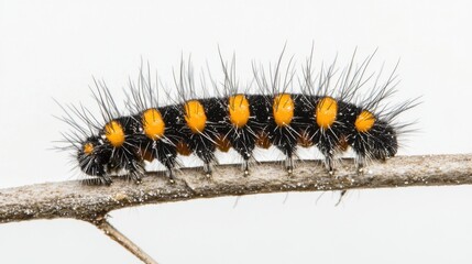 Naklejka premium Detailed Macro Shot of a Fuzzy Caterpillar on a Branch