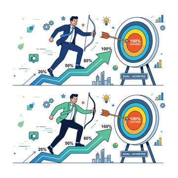 Businessman hitting target with bow.