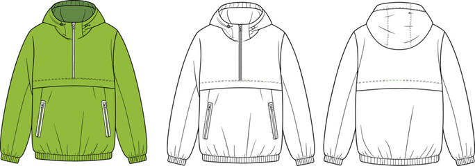 Hooded Anorak Jacket Technical Flat Sketch Vector Template with Half Zip and Pocket for Fashion Design CAD Tech Pack Mockup © Kamrul
