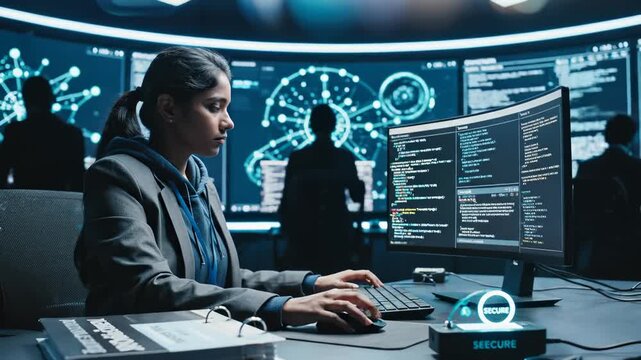 Female Cybersecurity Expert Working on Computer in Dark Control Room With Data Screens