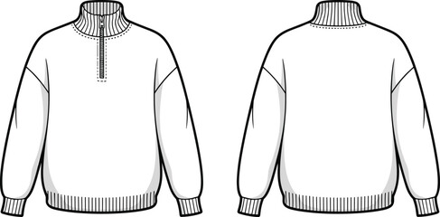 Quarter Zip Sweatshirt Technical Flat Sketch Vector Template with Ribbed High Neck and Drop Shoulder for Fashion Design CAD Mockup © Kamrul