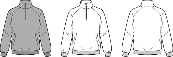 Quarter Zip Sweatshirt Technical Sketch Set, Front and Back View CAD Drawing Flat Vector Illustration for Apparel Fashion Design Template © Kamrul