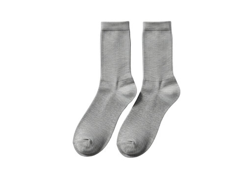 a pair of new, pristine medium heather gray cotton crew socks, tightly knit with ribbed cuffs, arranged in a flat lay on a bright white studio background, high-key e-commerce essentialism