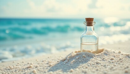 Obraz premium a small, empty, clear glass bottle with a cork, partially buried in the fine, white sand. The background is an abstract blur of light blue and white from the ocean.