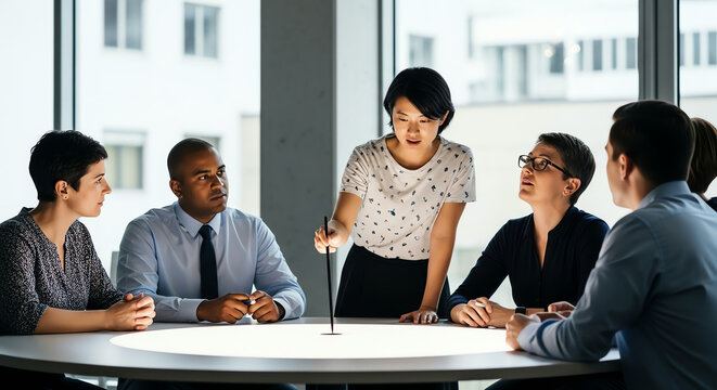 Diverse Business Team in Meeting Room Discussing Strategy Around a Round Table