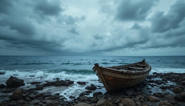 a weathered, empty wooden fishing boat gently bobbing near a rocky shore. The ocean is a choppy, dark blue under a dramatic, cloud-filled sky.