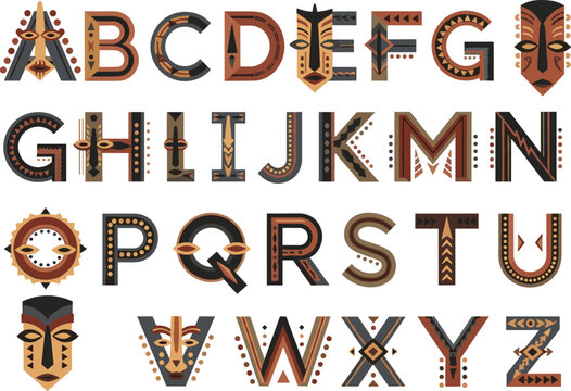 African tribal alphabet letters with ethnic patterns masks and geometric ornaments decorative cultural typography set