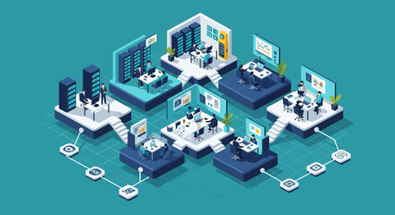 Fototapeta premium Isometric Illustration of a Modern Connected Office Environment with Modular Workstations, Data Centers, and Collaborative Digital Teams