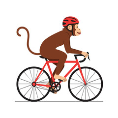 Naklejka premium Brown monkey wearing red helmet rides red bicycle
