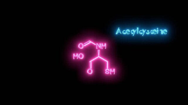 Acetylcysteine NAC mucolytic drug molecule. Also used to treat paracetamol overdose. Skeletal formula. Neon glowing.