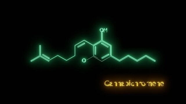 Cannabichromene or CBC molecular structural chemical formula. Futuristic science backdrop. Pharmacology concept. Neon glowing.